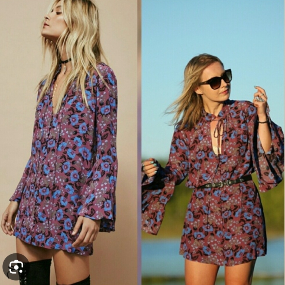 Free People Magic Mystery Purple Floral Tunic Dress Shirt Oversized Size XS